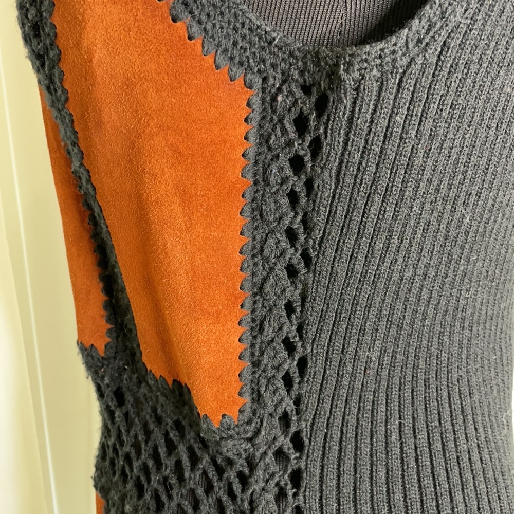 Vintage Suede and Black Crochet v-neck Vest, approximately Size M - Picture 5 of 7